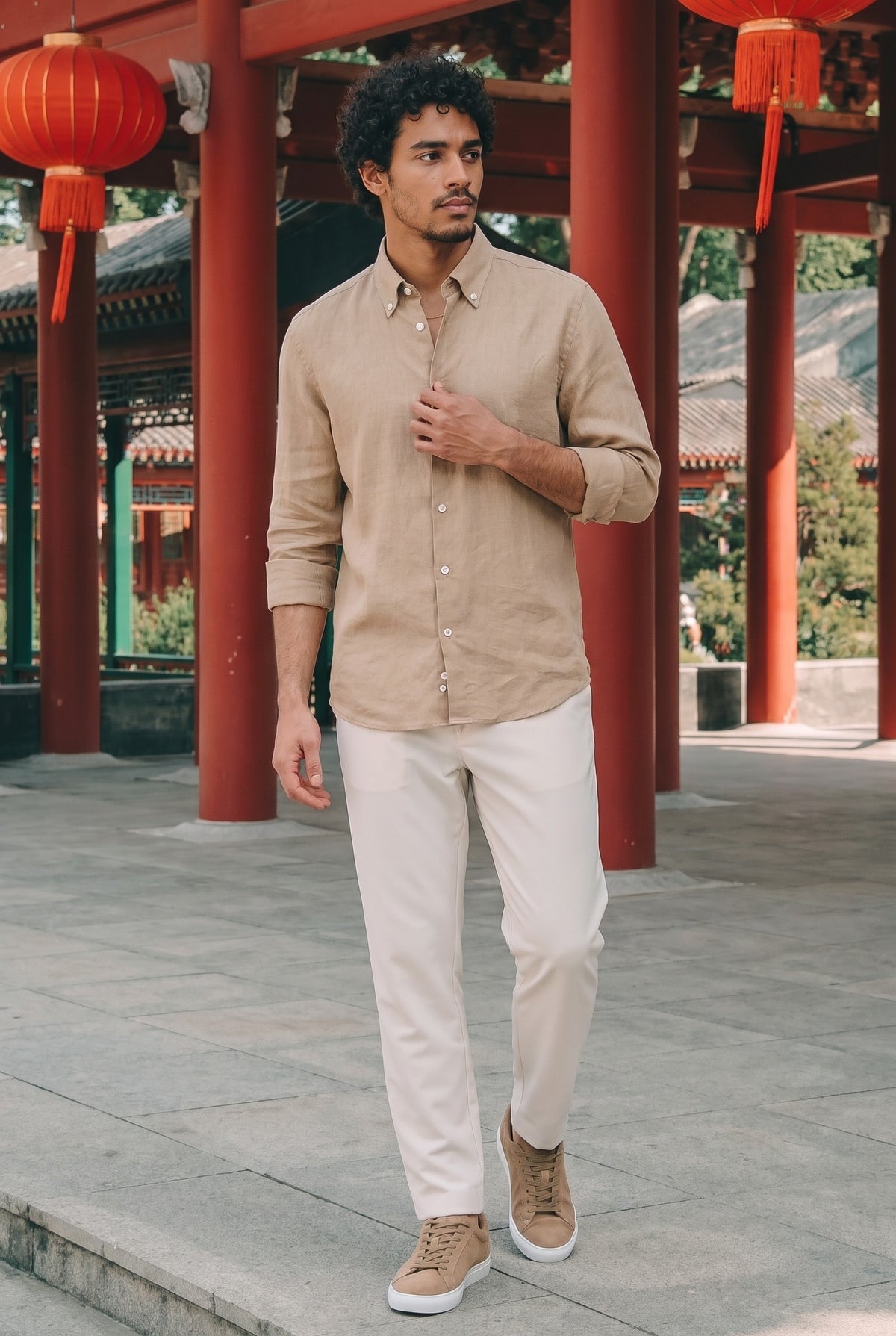 Look #890 styled with Vyriški šviesiai rudi lininiai marškiniai ilgomis rankovėmis su sagomis