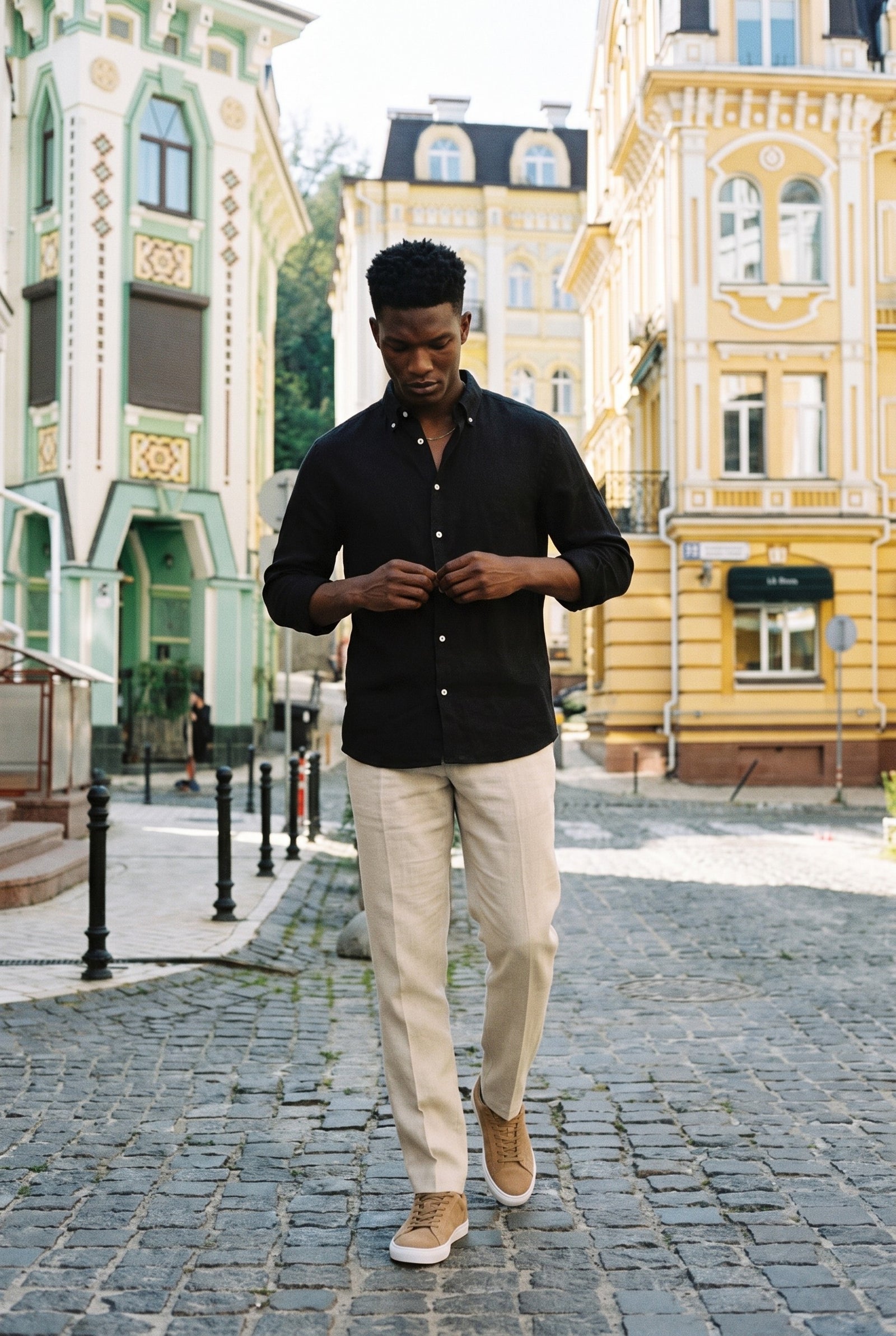 Look #1015 styled with Vyriški juodi gryno lino marškiniai ilgomis rankovėmis su sagomis