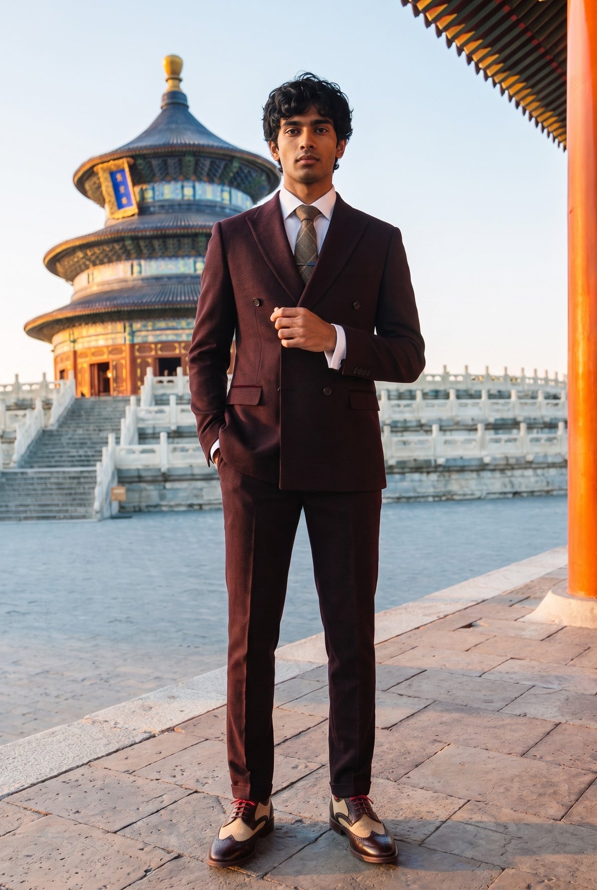 Look #641 styled with „Regent“ – vyriškas bordo spalvos dviejų dalių dvigubos eilės kostiumas