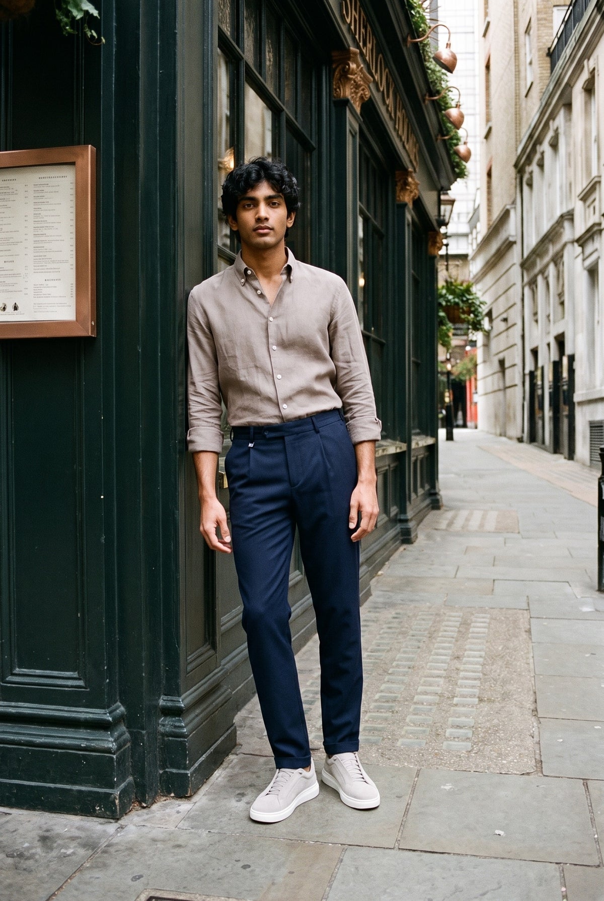 Look #1017 styled with Vyriški šviesiai rudi gryno lino marškiniai ilgomis rankovėmis su sagomis