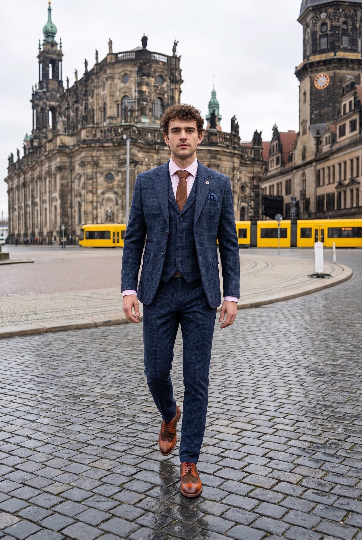Look #981 styled with Vyriškas mėlynas languotas trijų dalių kostiumas su tartanu