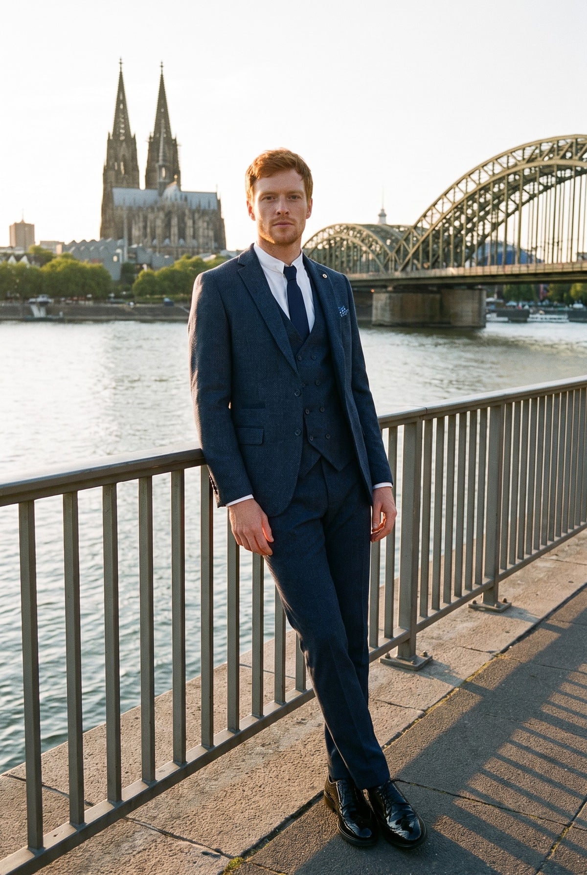 Look #382 styled with Vyriškas trijų dalių tamsiai mėlynas kostiumas su dviguba liemene