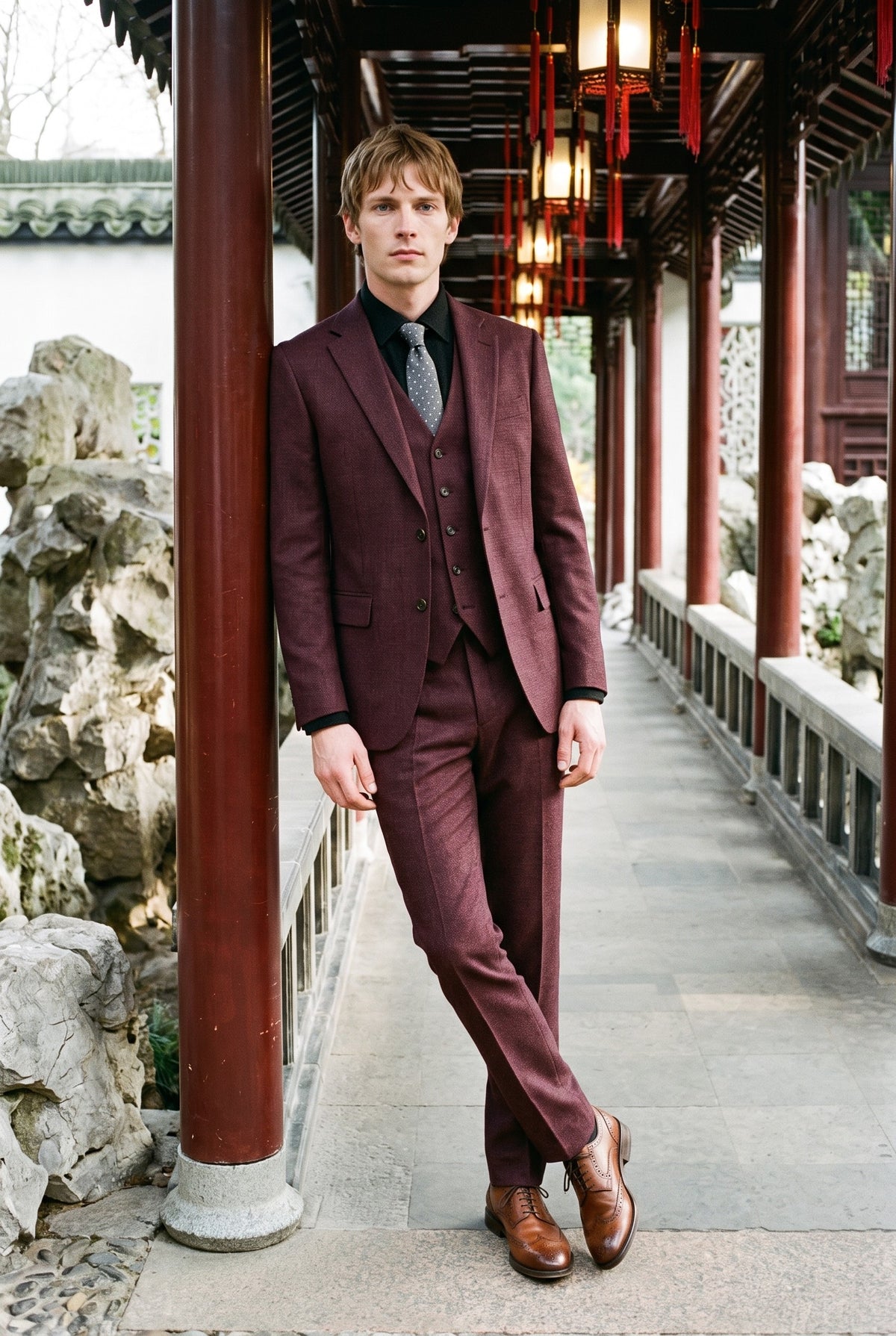Look #237 styled with Caridi - vyriškas bordo spalvos trijų dalių languotas kostiumas
