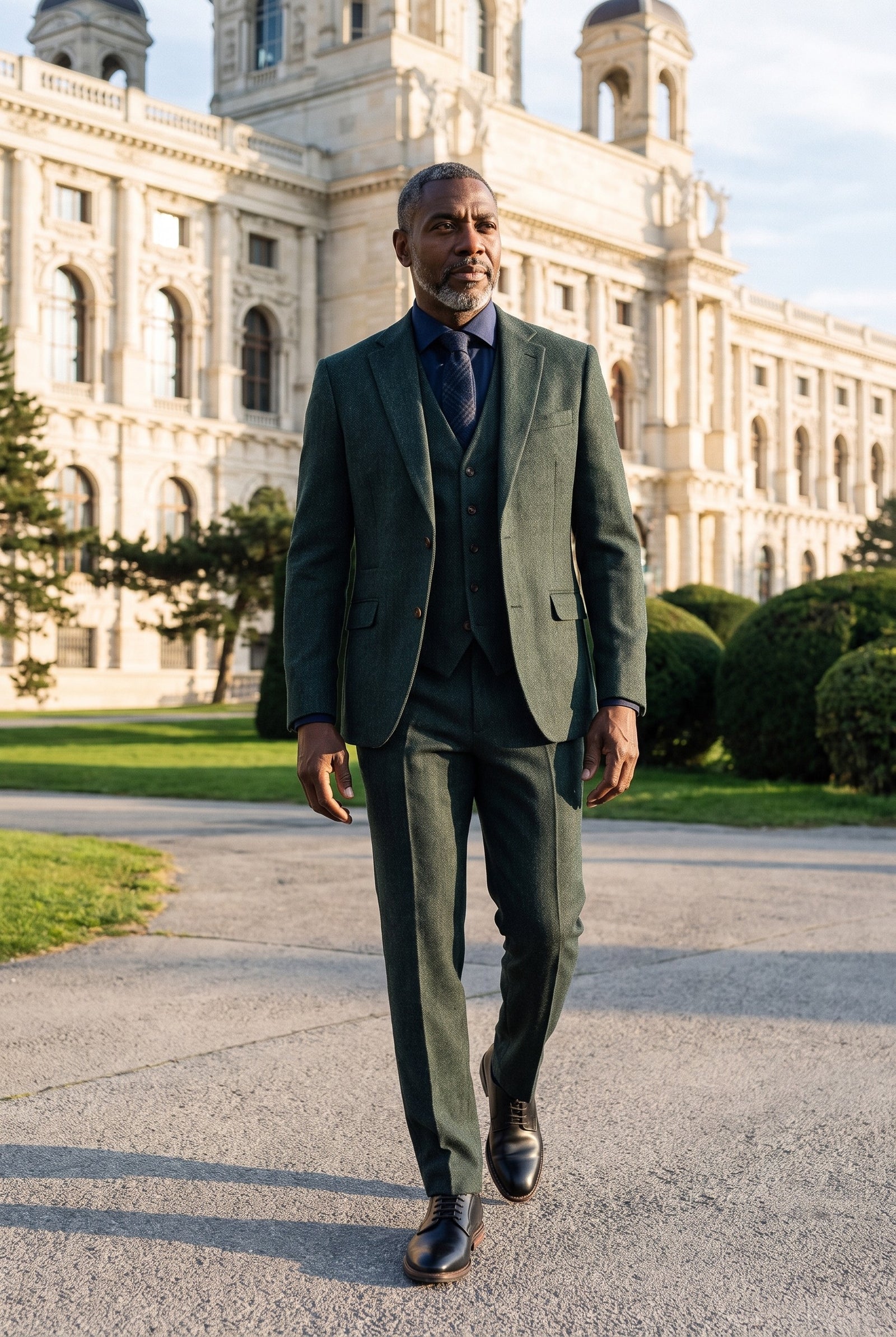 Look #957 styled with Thomas - alyvuogių žalios spalvos trijų dalių vilnos mišinio tvido kostiumas