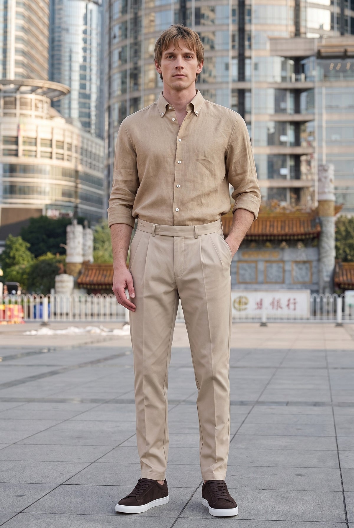 Look #1022 styled with Vyriški šviesiai rudi lininiai marškiniai ilgomis rankovėmis su sagomis