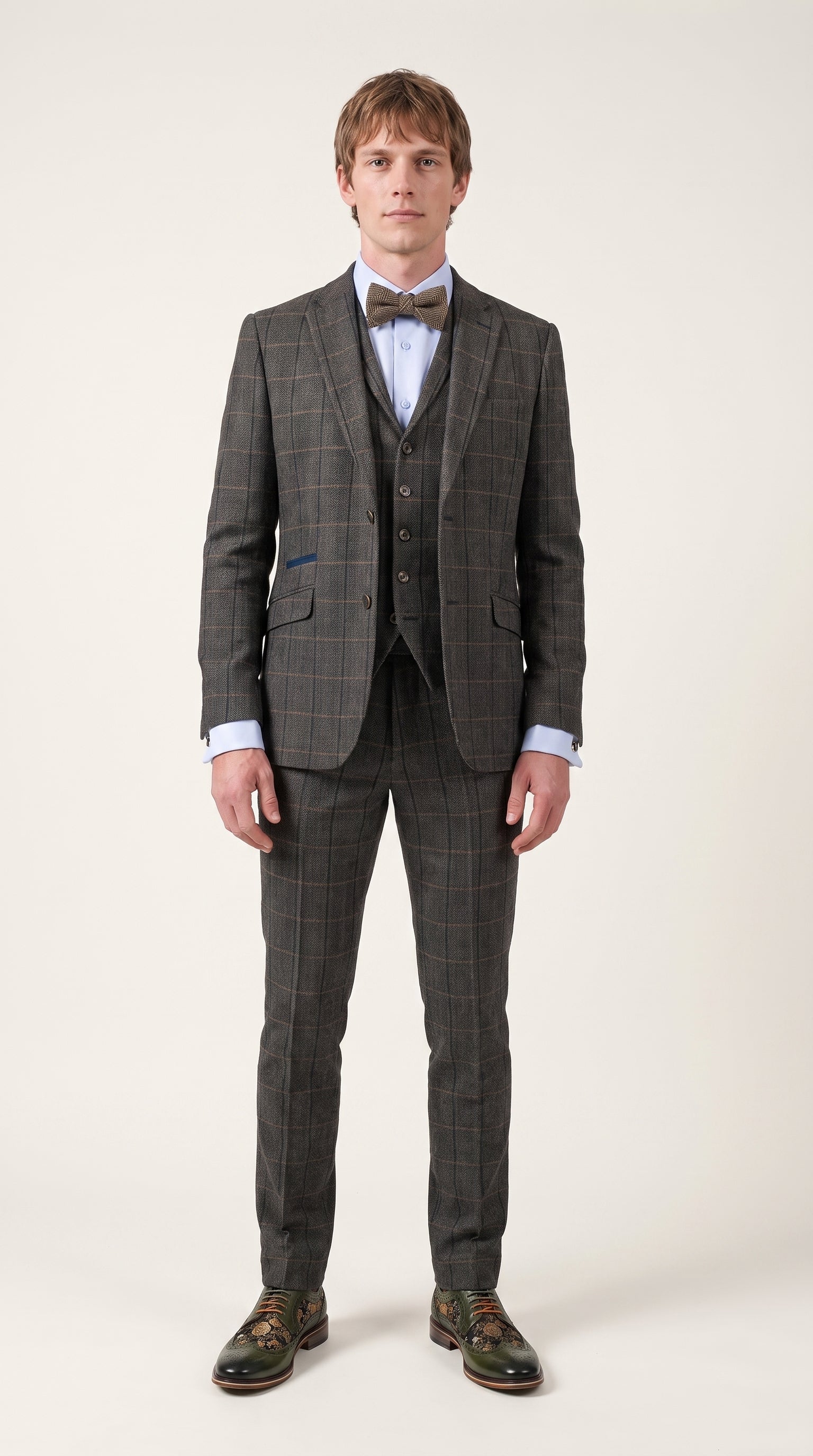 Look #330 styled with Cavani Albert - vyriškas tvido languotas trijų dalių kostiumas - tamsiai rudas