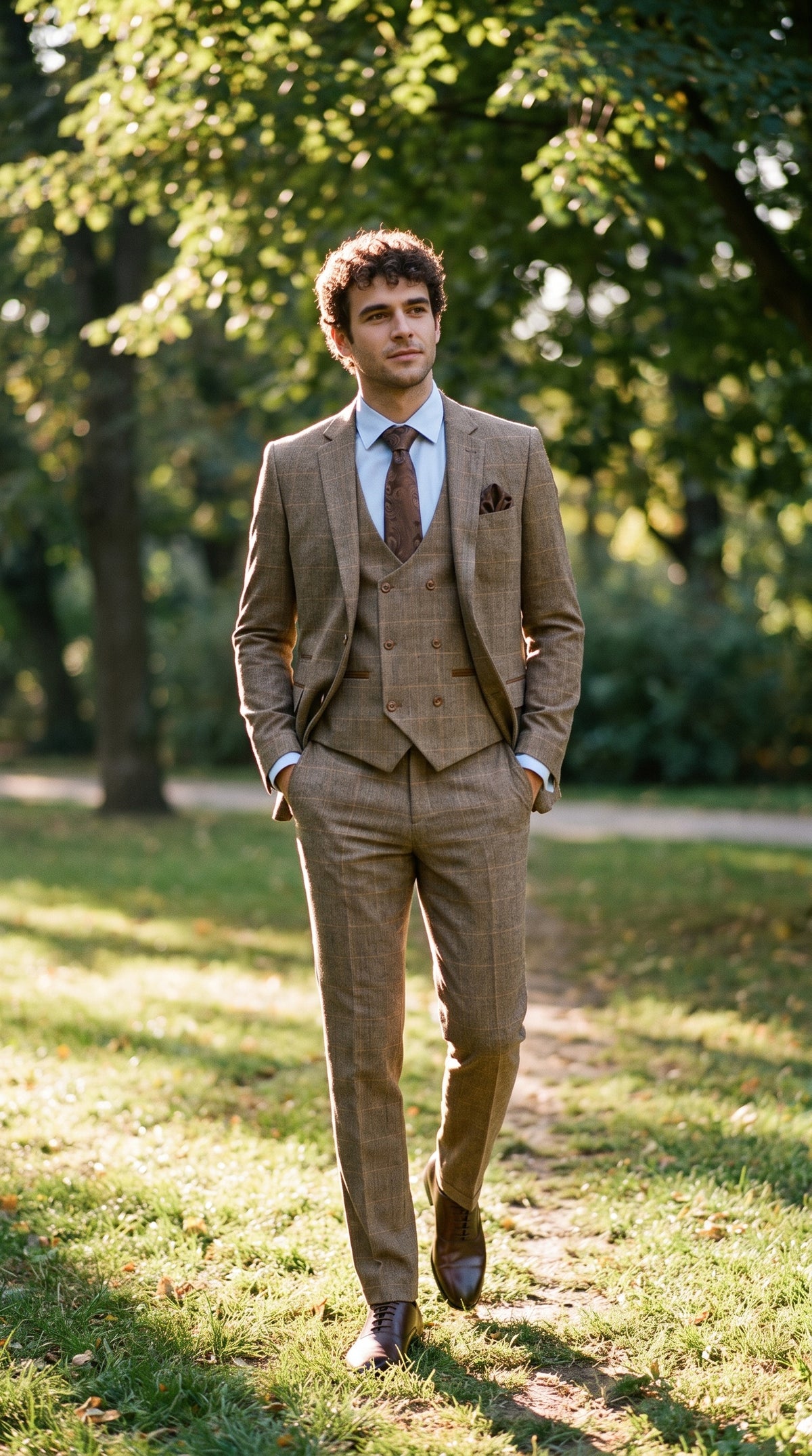 Look #343 styled with Vyriškas trijų dalių „Eglutės kaulo“ rašto tvido kostiumas, gelsvai rudas, languotas, pritaikytas dvigubas klasikinis kostiumas