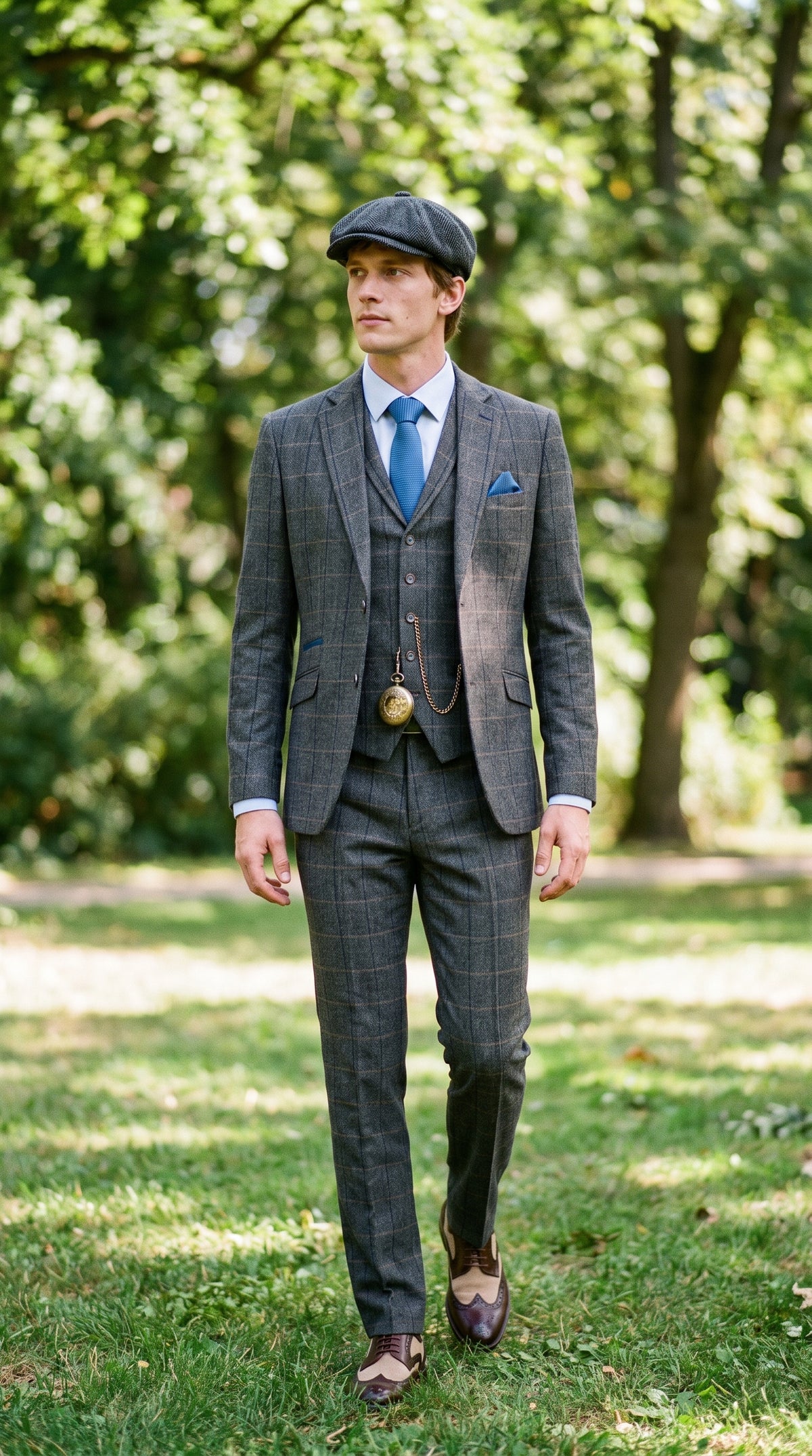 Look #132 styled with Cavani Albert - vyriškas tvido languotas trijų dalių kostiumas - tamsiai rudas
