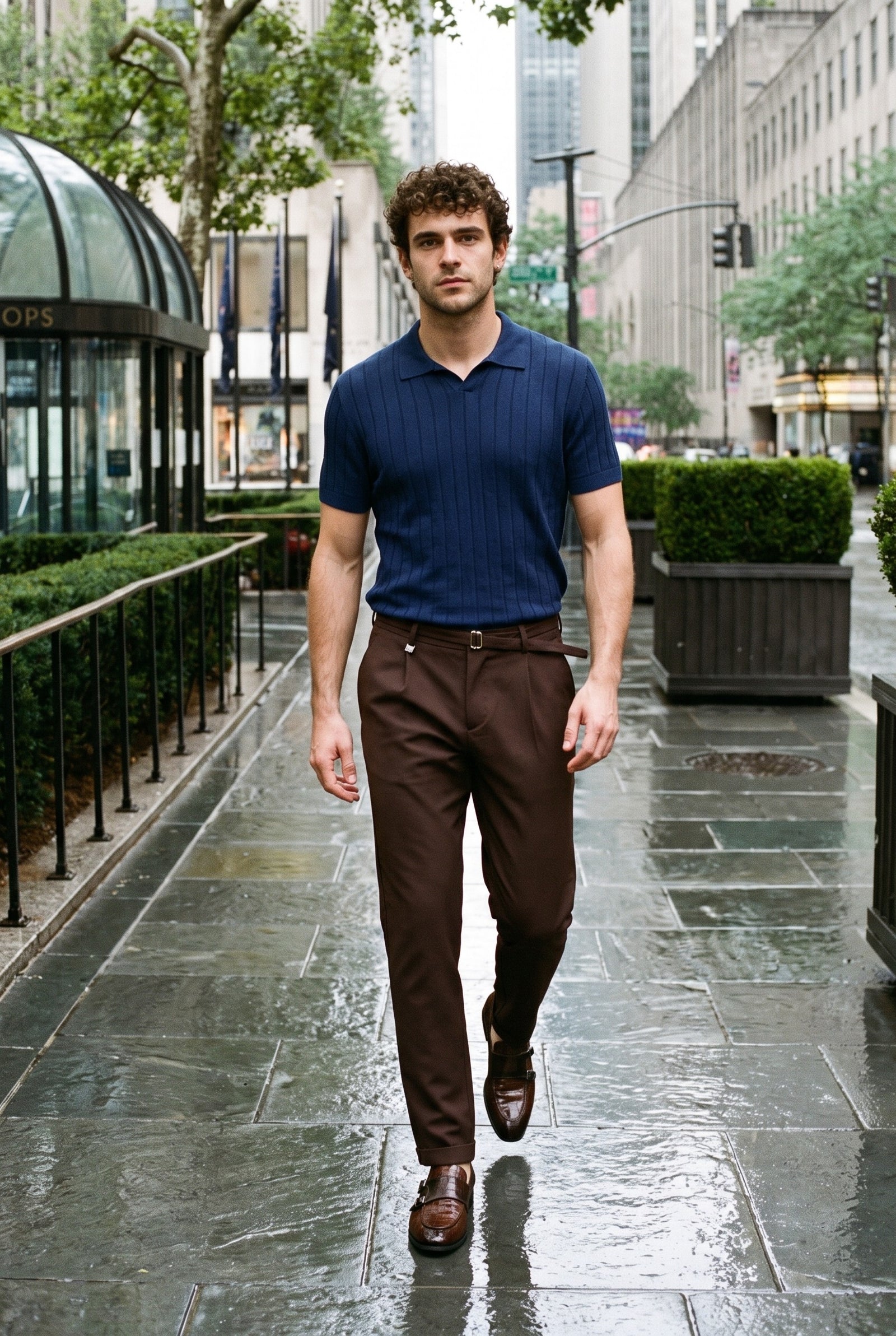 Look #907 styled with Vyriški tamsiai mėlyni briaunoti megzti polo marškinėliai