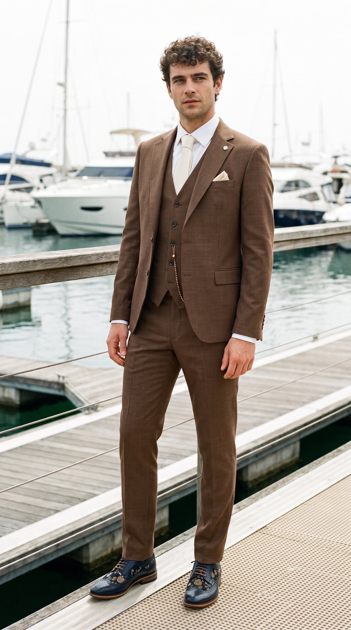 Look #307 styled with James vyriškas trijų dalių paprastas rudas kostiumas su klasikiniu kirpimu