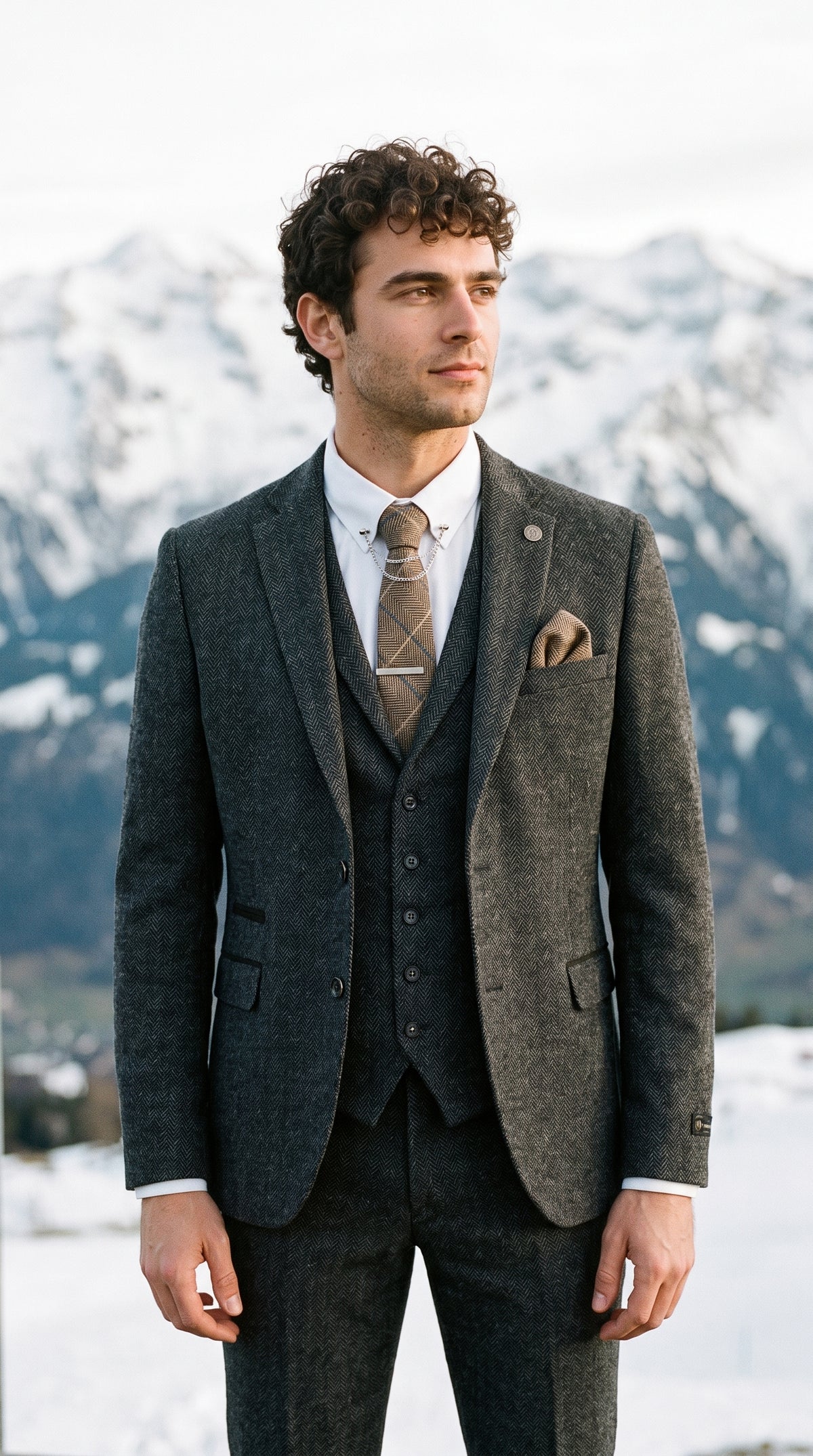 Look #637 styled with Vyriškas trijų dalių tvido kostiumas su „eglutės kaulo“ raštu, tamsiai pilkos spalvos - STZ11
