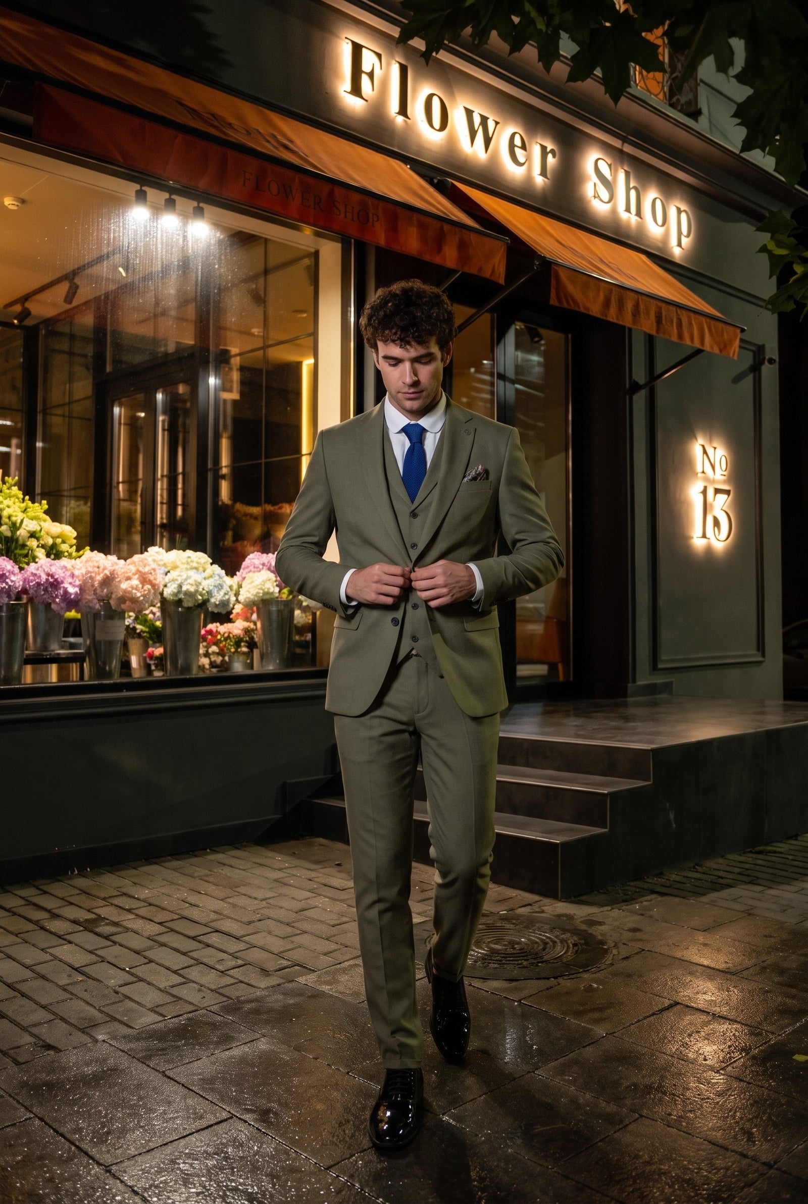 Look #158 styled with TP-22 vyriškas šalavijų spalvos trijų dalių lininis vasarinis vestuvinis kostiumas