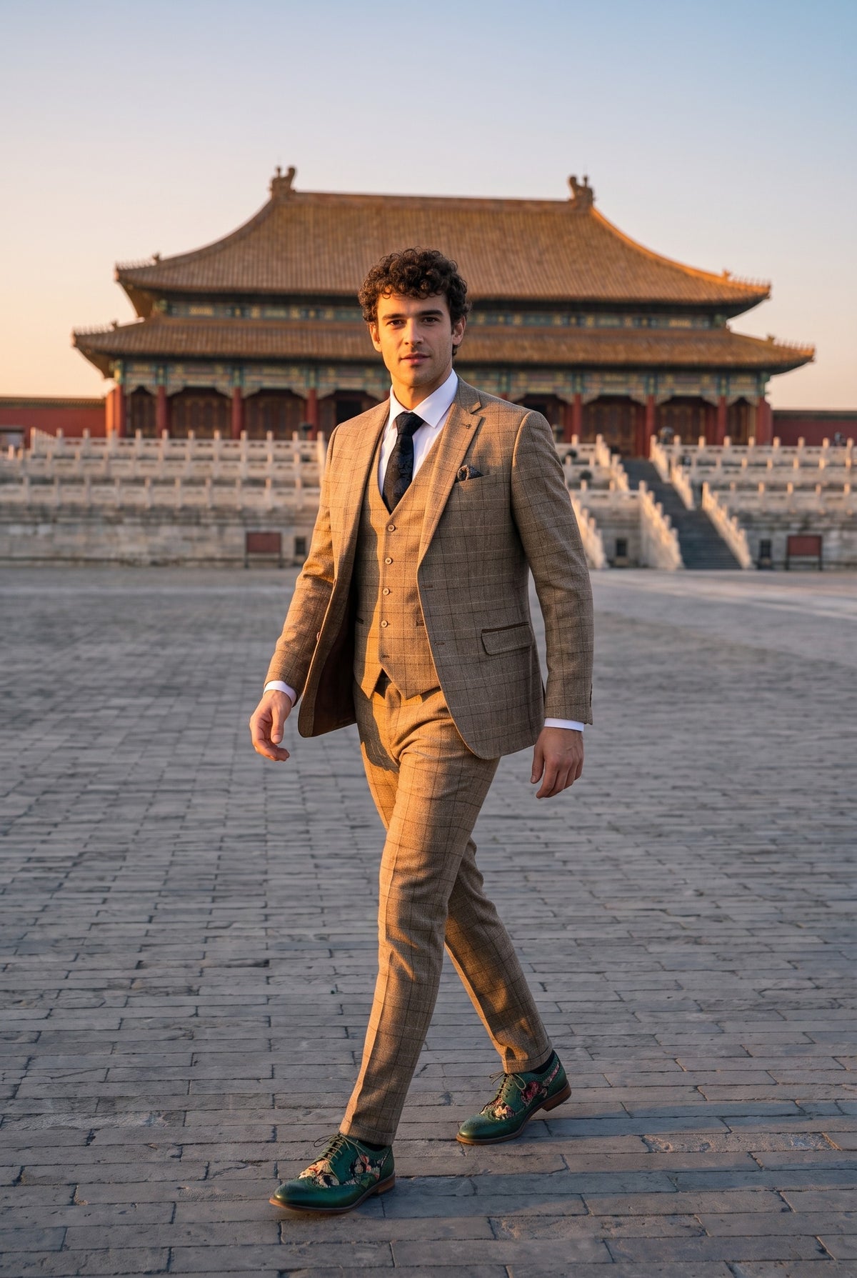Look #278 styled with Liam - vyriškas trijų dalių rudas languotas kostiumas