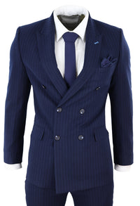 Tamsiai mėlynas dryžuotas dvieilis mafijos kostiumas