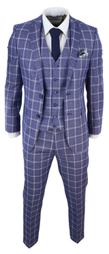 Vyriškas trijų dalių lieknas kostiumas su eglutės raštu, tvido langais, klasikinio stiliaus, 1920-ųjų mėlynas