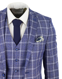 Vyriškas trijų dalių lieknas kostiumas su eglutės raštu, tvido langais, klasikinio stiliaus, 1920-ųjų mėlynas