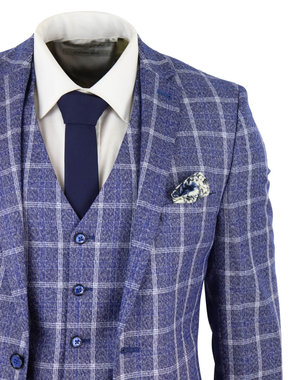 Vyriškas trijų dalių lieknas kostiumas su eglutės raštu, tvido langais, klasikinio stiliaus, 1920-ųjų mėlynas