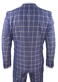 Vyriškas trijų dalių lieknas kostiumas su eglutės raštu, tvido langais, klasikinio stiliaus, 1920-ųjų mėlynas