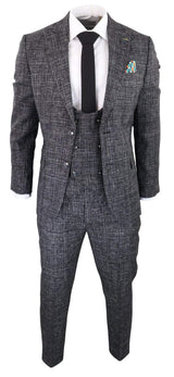 Vyriškas tamsiai pilkas languotas trijų dalių kostiumas
