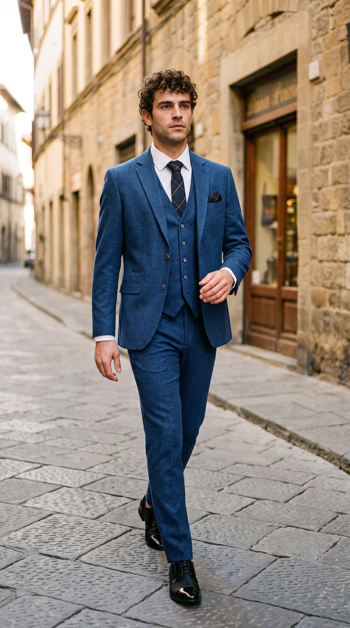 Look #263 styled with Cavani Orson - mėlynas dryžuotas trijų dalių kostiumas
