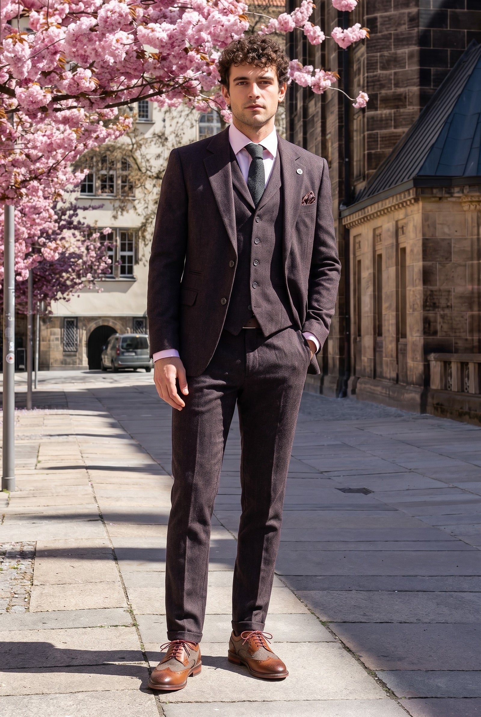 Look #992 styled with Vyriškas slyvų rašto „eglutės“ rašto tvido trijų dalių kostiumas