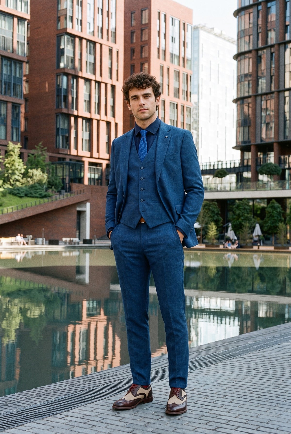 Look #998 styled with Vyriškas mėlynas vasarinis lininis kostiumas