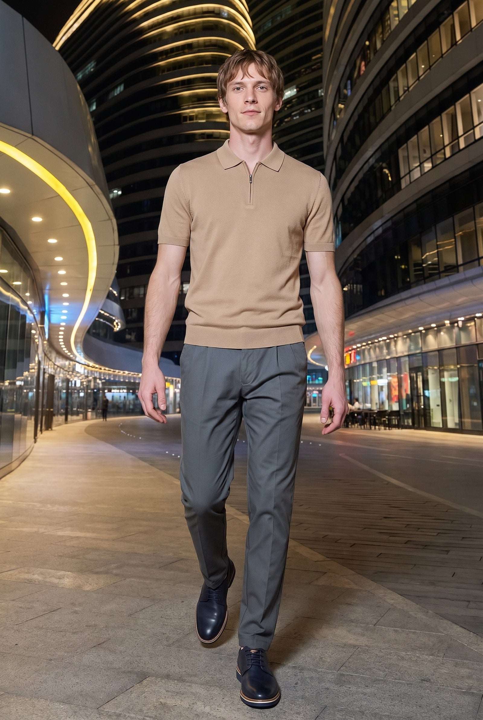 Look #977 styled with Smėlio spalvos megzti polo marškinėliai su užtrauktuku ant kaklo vyrams