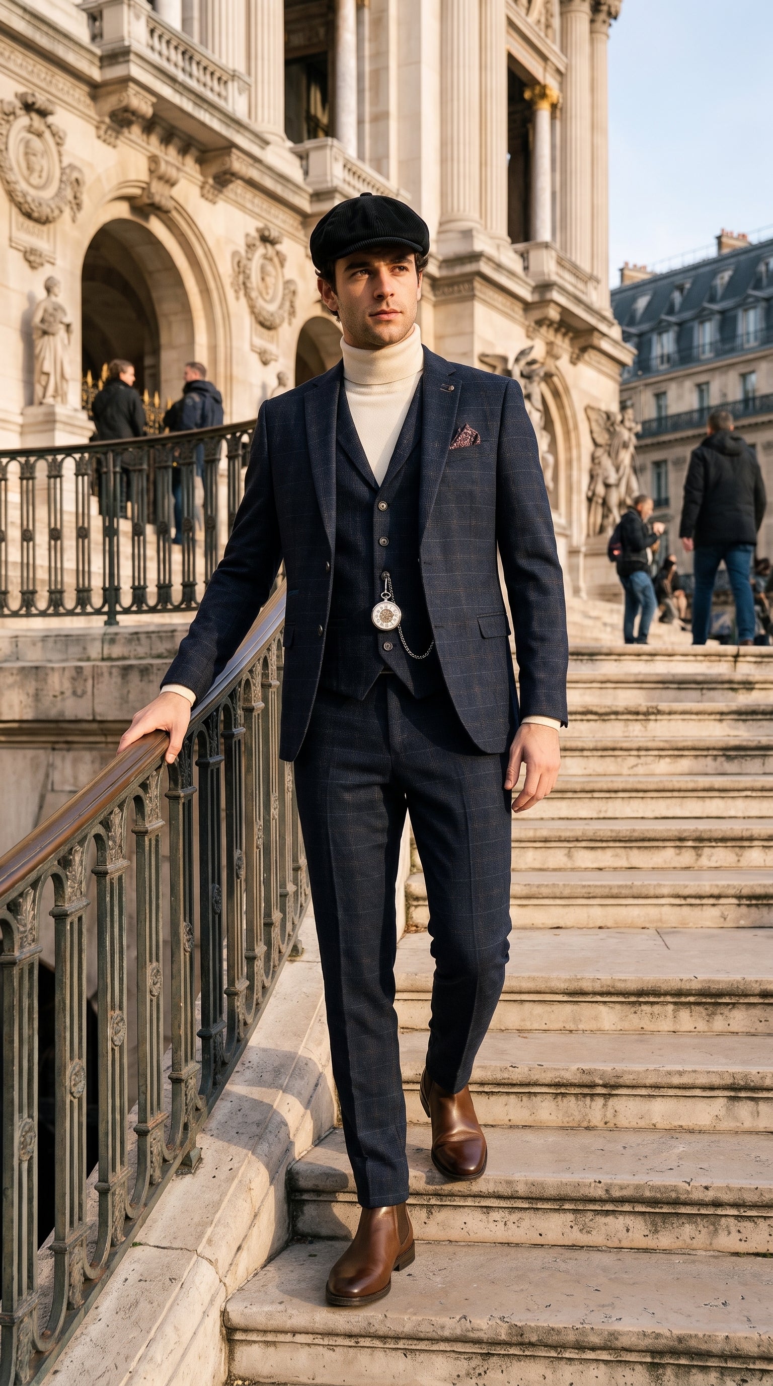 Look #133 styled with Ryan vyriškas tamsiai mėlynas trijų dalių tvido kostiumas su plonu kirpimu