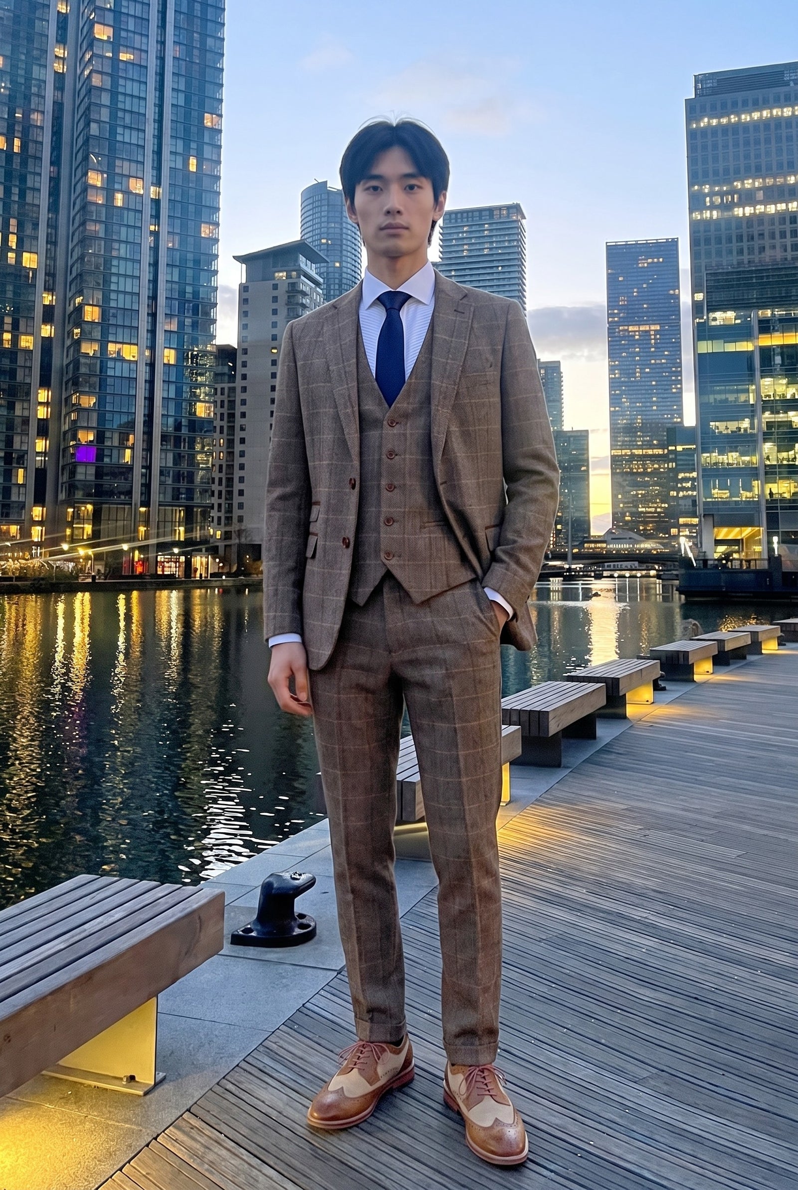 Look #536 styled with Harris - vyriškas rudas trijų dalių tvido kostiumas su eglutės raštu ir languotu raštu