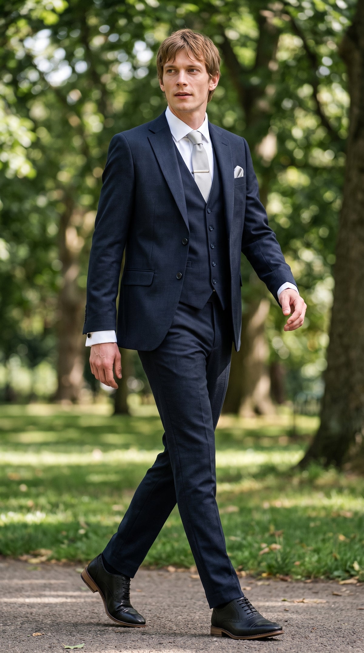 Look #823 styled with Bond - vyriškas tamsiai mėlynas trijų dalių priglundantis kostiumas