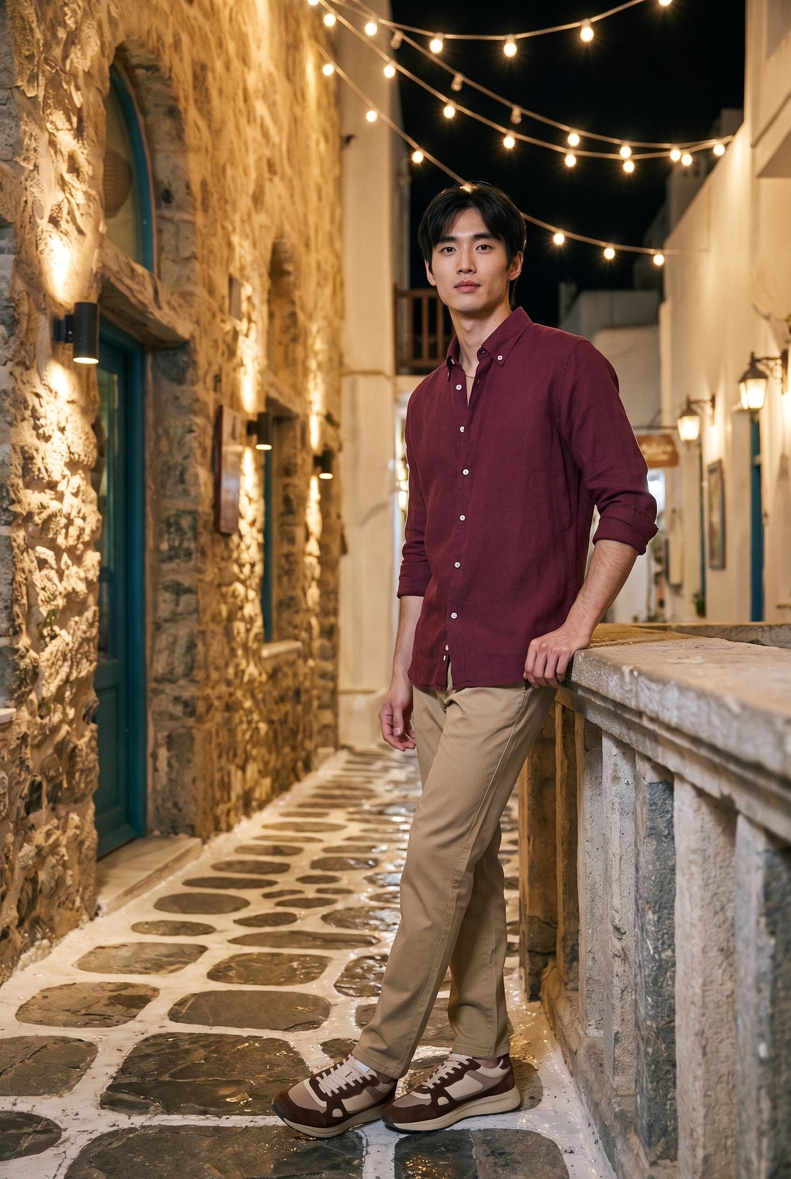 Look #1031 styled with Vyriškos chaki spalvos lininio mišinio chino kelnės iš plonos vasarinės medžiagos iš tencel medvilnės