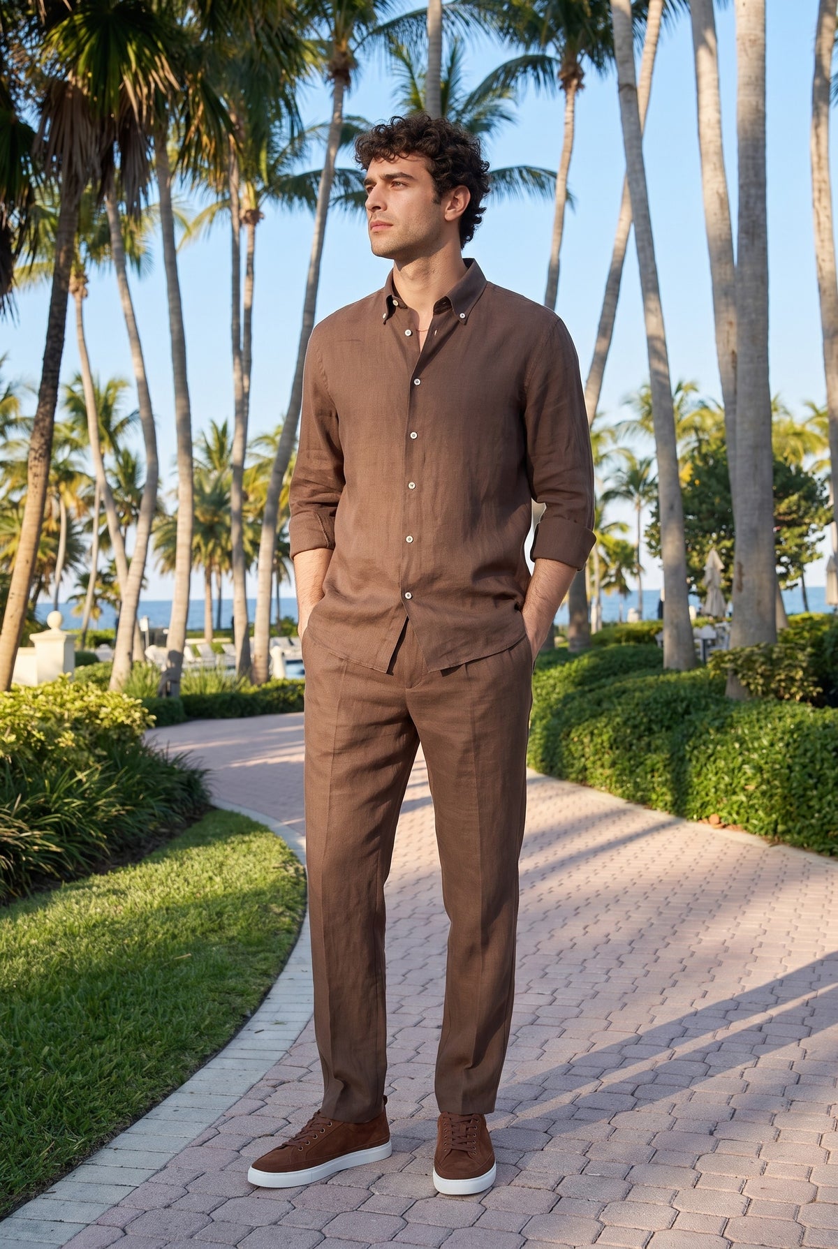 Look #872 styled with Vyriški tamsiai rudi gryno lino marškiniai ilgomis rankovėmis su sagomis