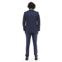 Vyriškas trijų dalių kostiumas su tamsiai mėlynu languotu kontrastingu liemenės tipo kelnių kirpimu, vestuvinis