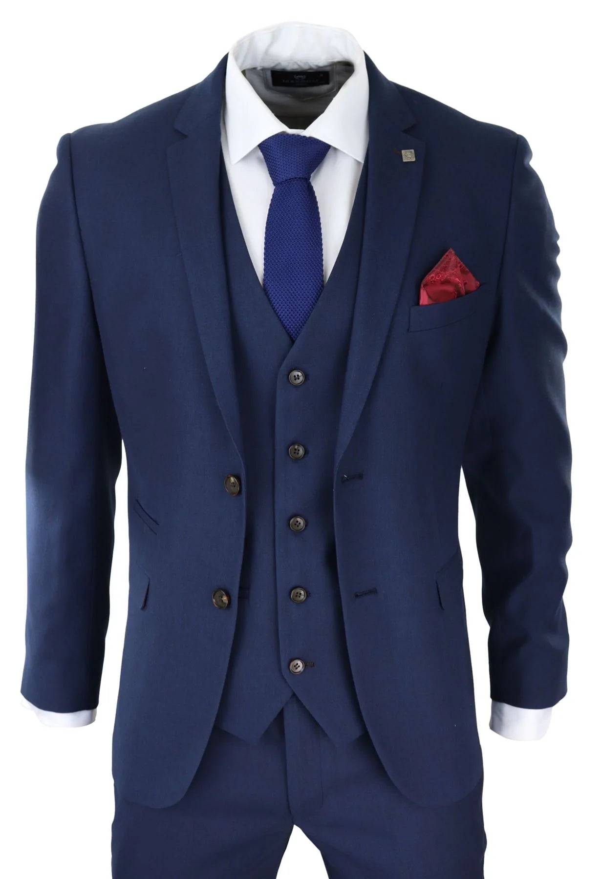 Vyriškas tamsiai mėlynas trijų dalių kostiumas, priglundantis, elegantiškas, formalus, klasikinis, vestuvinis, retro, vintažinis