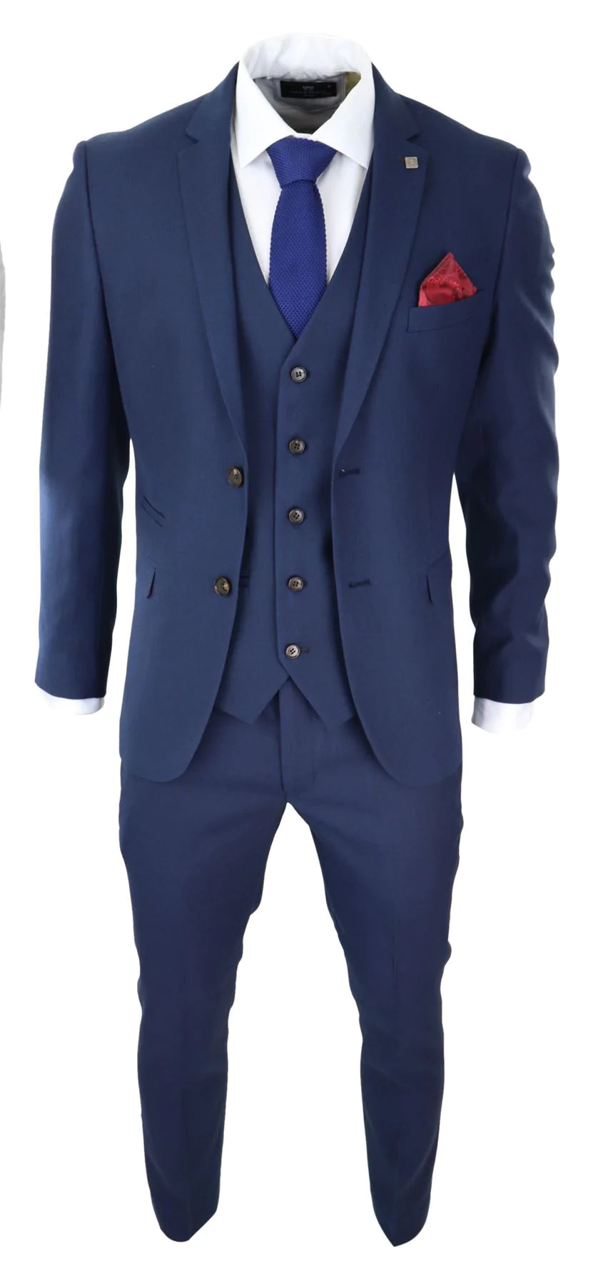 Vyriškas tamsiai mėlynas trijų dalių kostiumas, priglundantis, elegantiškas, formalus, klasikinis, vestuvinis, retro, vintažinis