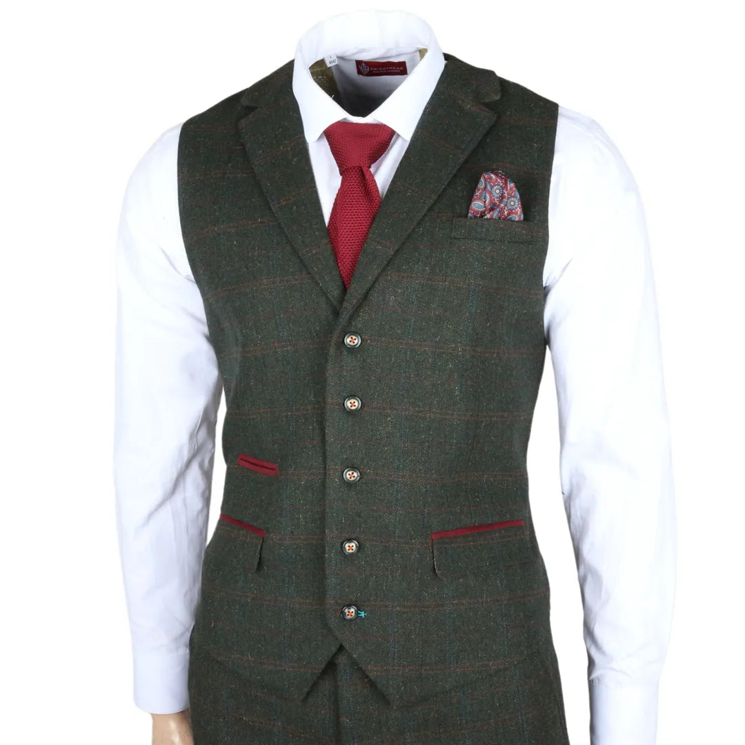 Joshua vyriškas trijų dalių žalias tvido plonas kostiumas