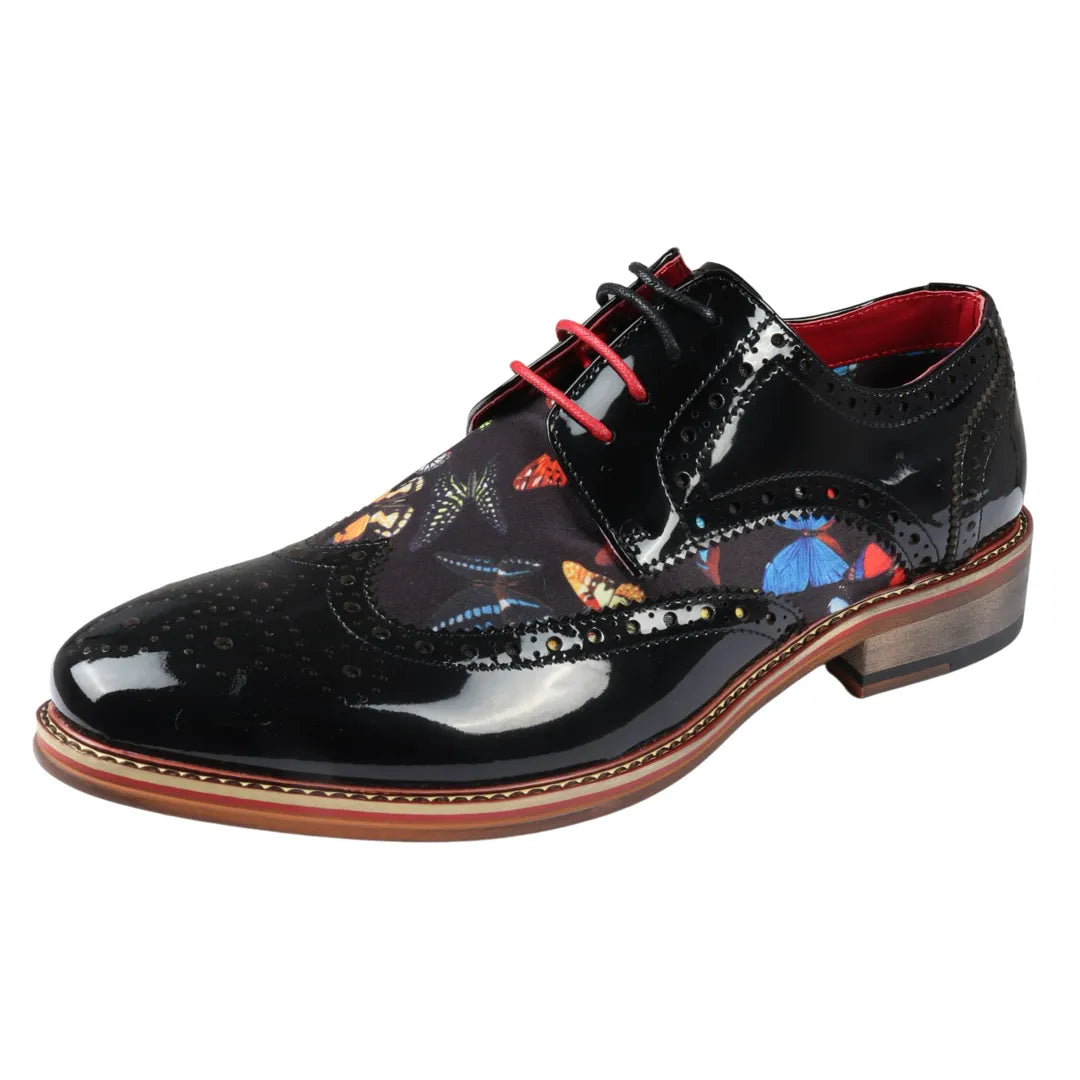 Julius - vyriški drugelių rašto lakuotos odos bateliai su brogėmis