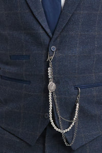 Vyriškas trijų dalių vilnonis tvido kostiumas su tamsiai mėlynu, rudu languotu 1920-ųjų „Gatsby“ raštu