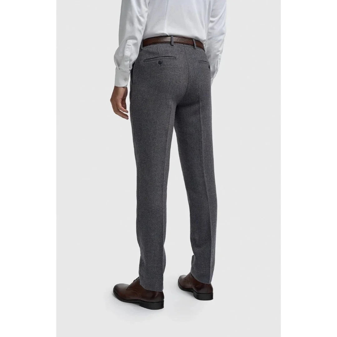 Thomas - vyriškos tamsiai mėlynos vilnos mišinio eglutės rašto tvido kelnės