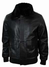 Vyriška odinė bomber tipo piloto striukė su tikru kailio apykakle, juoda, ruda-juoda