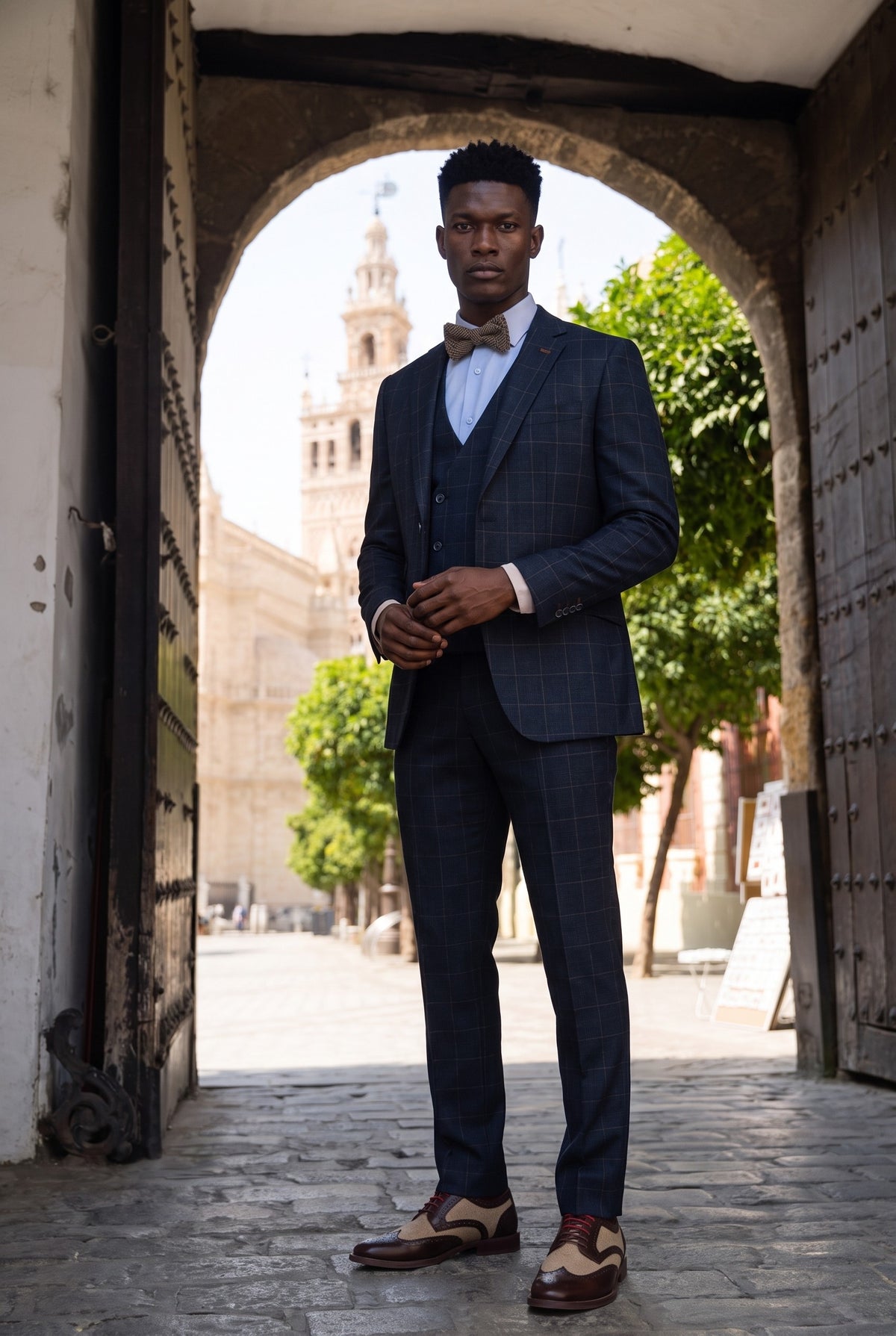 Look #265 styled with „Torino“ – vyriškas trijų dalių prigludęs tamsiai mėlynas languotas kostiumas