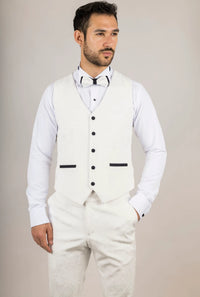 AK-24 vyriškas baltas trijų dalių aksominis vestuvinis smokingas su juodais atlapais