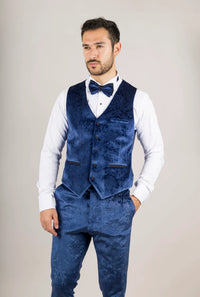 AK-27 vyriškas mėlynas trijų dalių aksominis vestuvinis smokingas su juodo atlaso atlapais