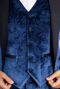 AK-27 vyriškas mėlynas trijų dalių aksominis vestuvinis smokingas su juodo atlaso atlapais