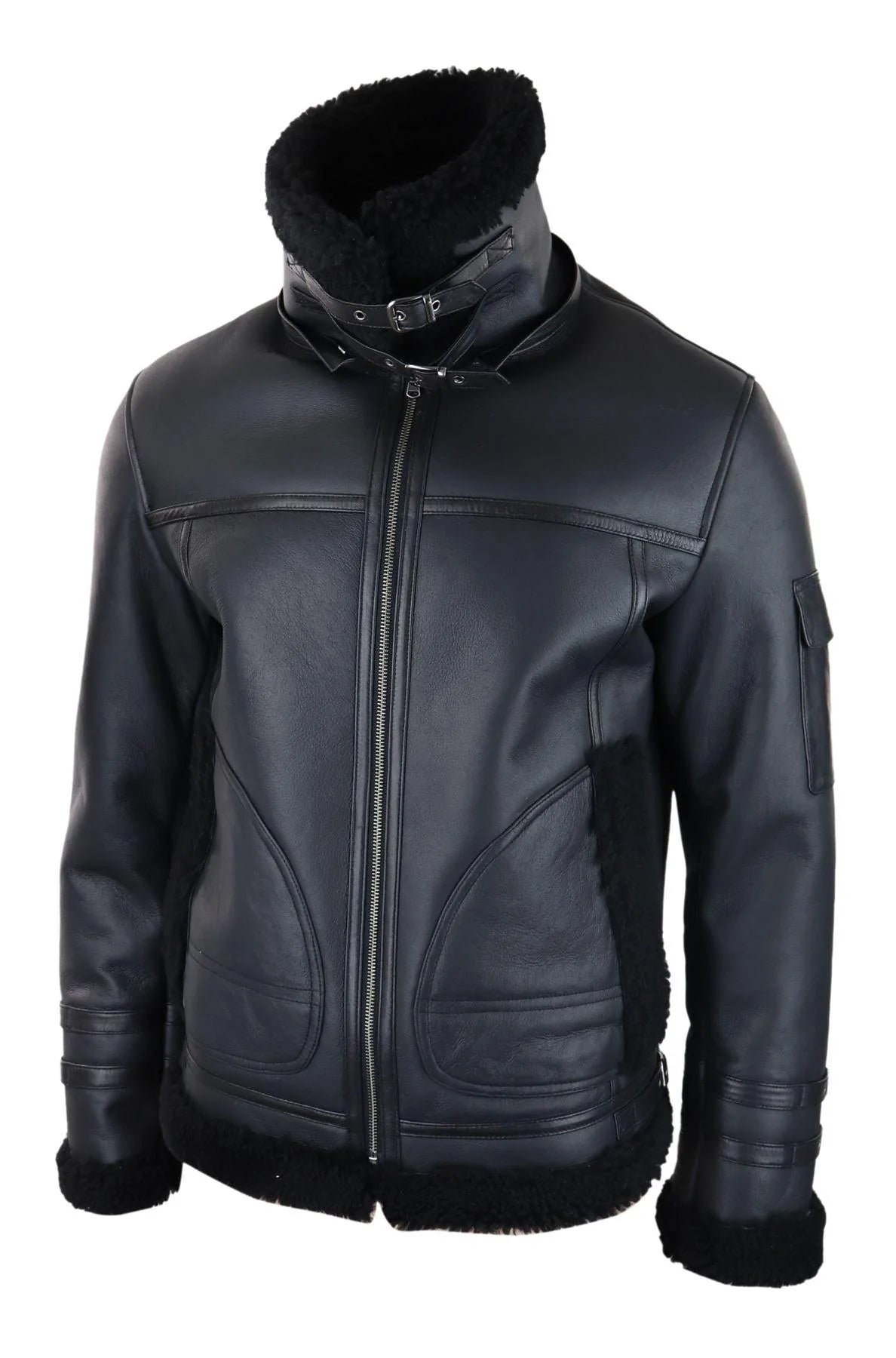 Vyriškas avikailio paltas su užtrauktuku, juodas, šiltas žieminis kailio švarkas