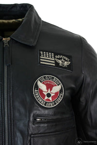Vyriška tikros odos juoda „Bomber“ ženklelio oro pajėgų piloto skraidymo striukė – juoda