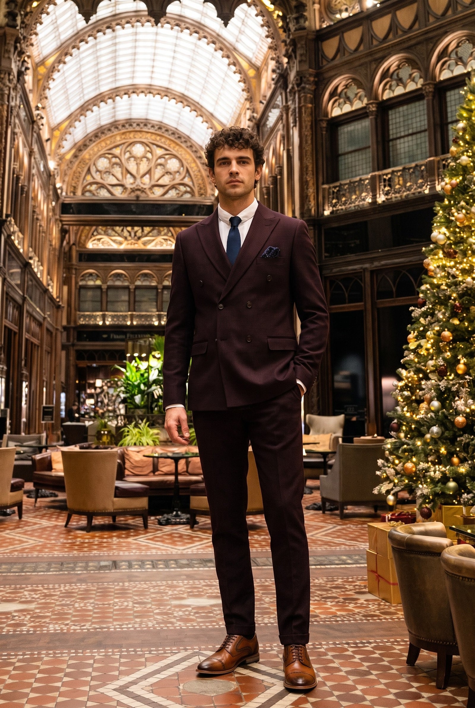 Look #581 styled with „Regent“ – vyriškas bordo spalvos dviejų dalių dvigubos eilės kostiumas