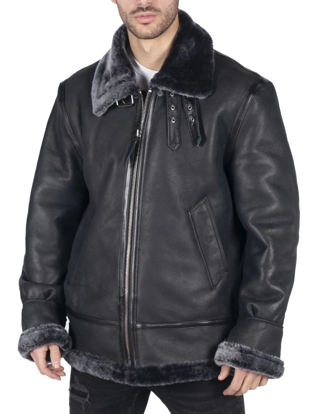 Vyriška natūralios avikailio odos B3 „Flying Aviator“ striukė, juoda, pilka, kailio