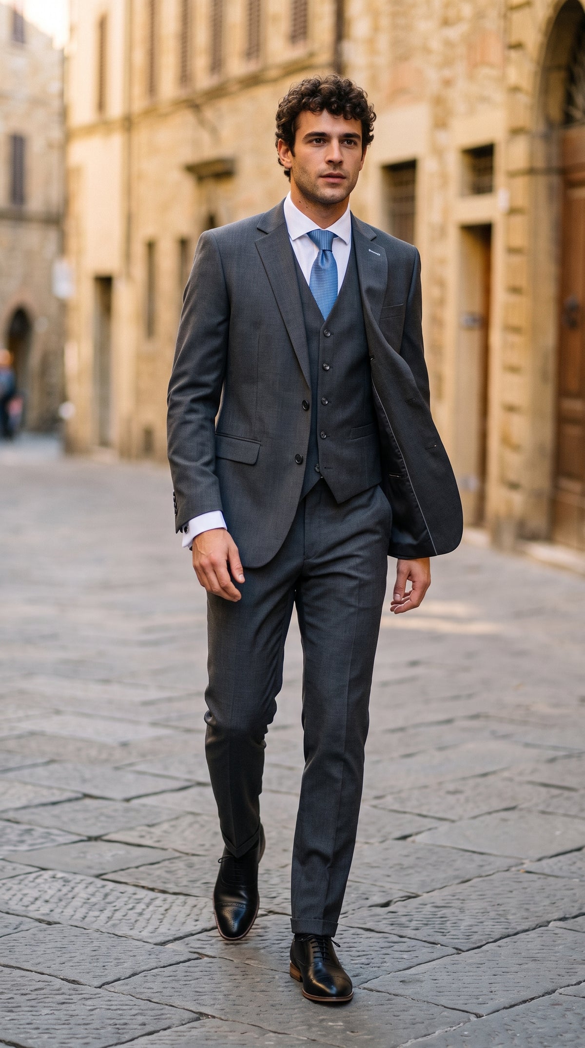Look #824 styled with Bond - vyriškas tamsiai rudas trijų dalių priglundantis kostiumas