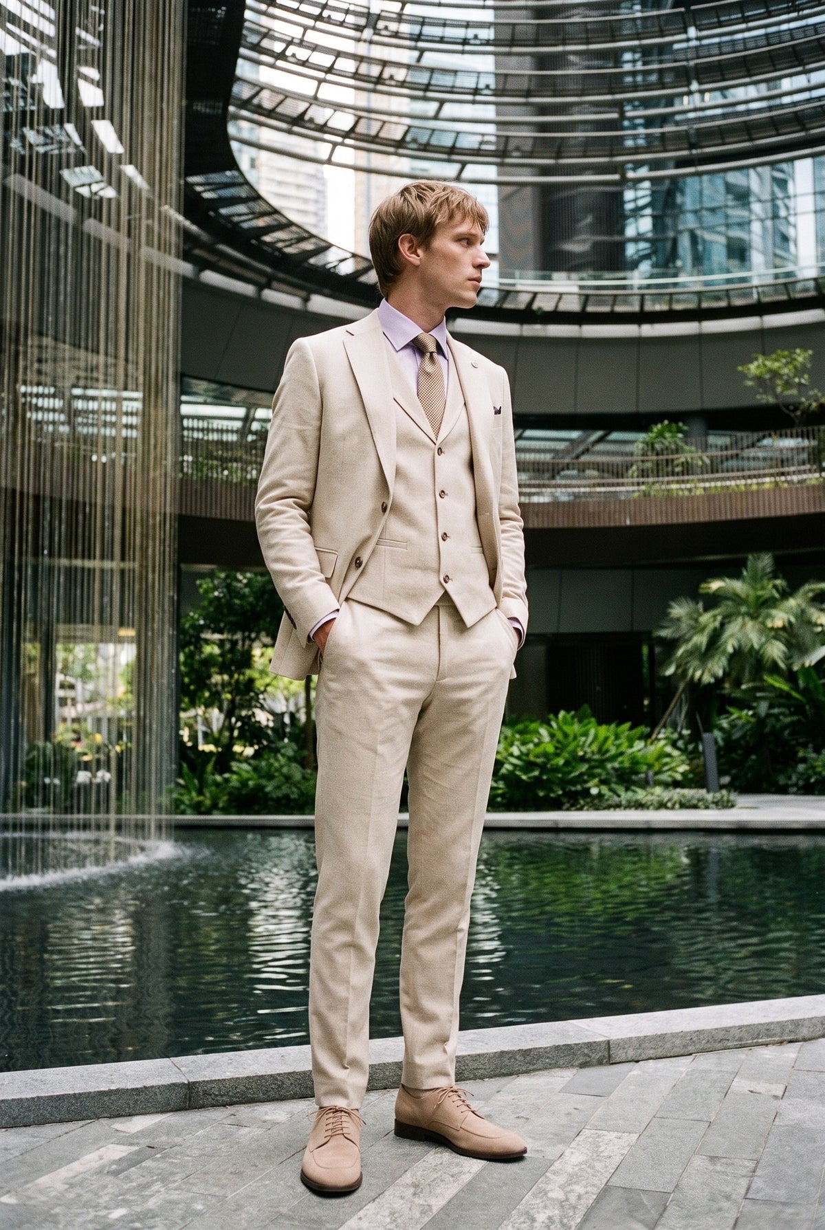 Look #948 styled with TP-21 vyriškas smėlio spalvos trijų dalių lininis vasarinis vestuvinis kostiumas